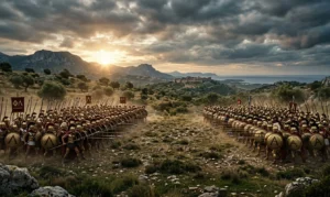 Στρατοί από τη Σπάρτη και το Άργος παραταγμένοι αντικριστά στο πεδίο της Θυρέας κατά την ανατολή του ηλίου.